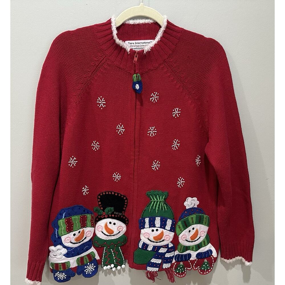 Tiara International Red Knit Christmas Zipper Sweater Medium Snowmen‎ Bells EUC